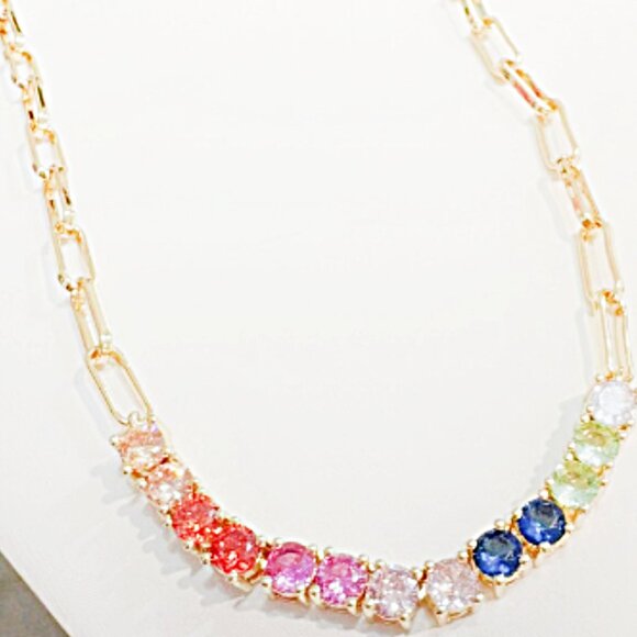 Rainbow Paper Clip Lab-Created Multi-Gemstone Tennis Necklace 18K Gold Plated - Picture 2 of 4